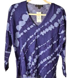 INC Size Petite Med Blue Tie Dye V-Neck Long Sleeve Lightweight Knit Top